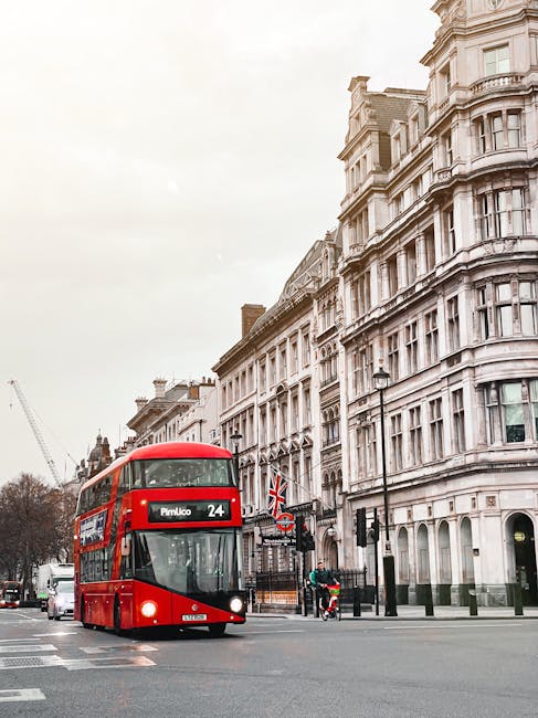 A red double-decker bus numbered 24 and displaying 'Pimlico' as its destination travels along a city street in Pimlico, London. Surrounding the bus are ornate, white Victorian-era buildings with large